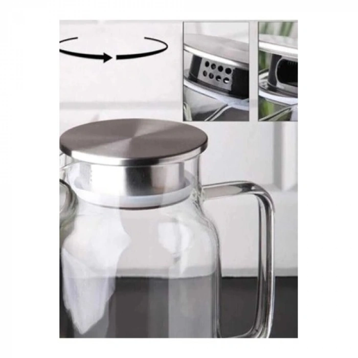 VipMarketim 1500 ml Borosilikat Cam Su Sürahisi - Metal Kapaklı ve Isıya Dayanıklı