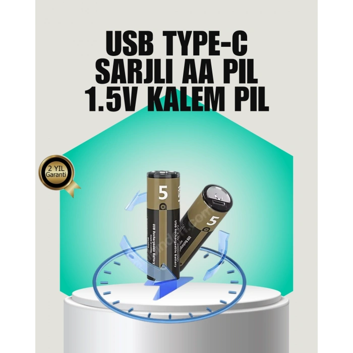 VipMarketim 1.5V AA Şarjlı Lityum Pil | 1000+ Kez Şarj Edilebilir | Hızlı Type-C Şarj (2 Adet)