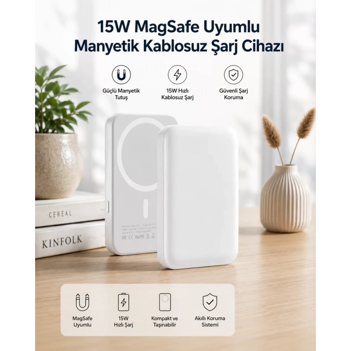 VipMarketim 15W MagSafe Uyumlu Manyetik Kablosuz Powerbank 5000 mAh