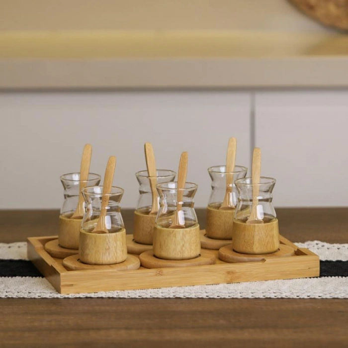 VipMarketim 18 Parça Bambu Çay Seti - 6 Çay Bardağı - Borosilikat Cam