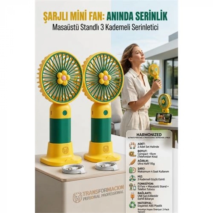 VipMarketim 2 ADET Şarjlı Mini El Fanı Taşınabilir Masaüstü Vantilatör max 4 saat 723211