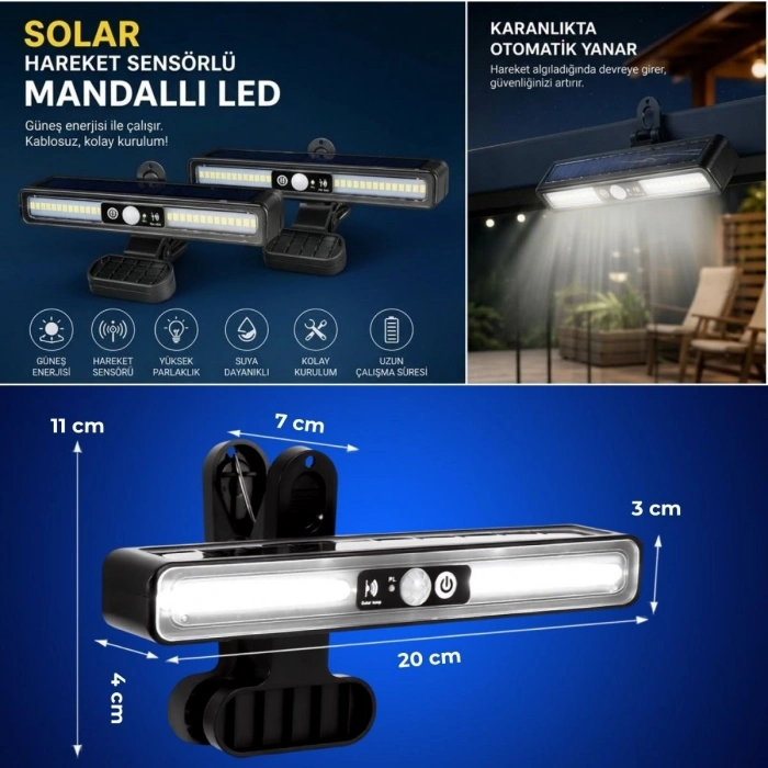 VipMarketim 2li Mandallı LED Solar Lamba - 36 LED - Hareket Sensörlü - 3 Modlu