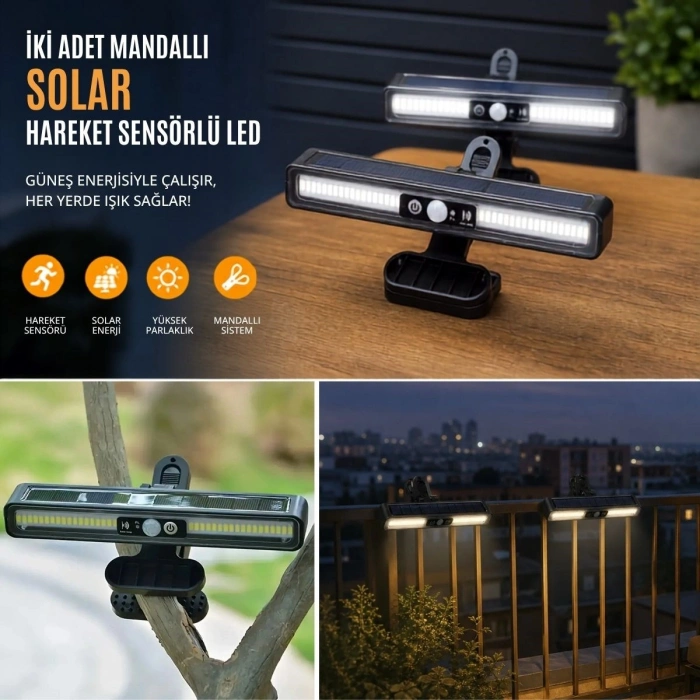 VipMarketim 2li Mandallı LED Solar Lamba - 36 LED - Hareket Sensörlü - 3 Modlu