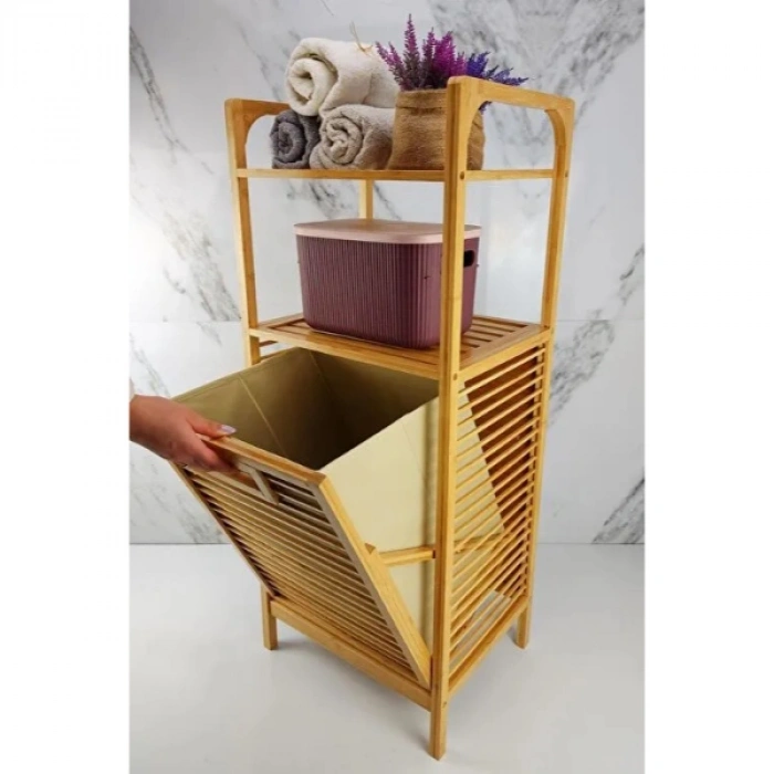 VipMarketim 2 Organizer Raflı Ahşap Bambu Çek-Aç Kirli Sepeti