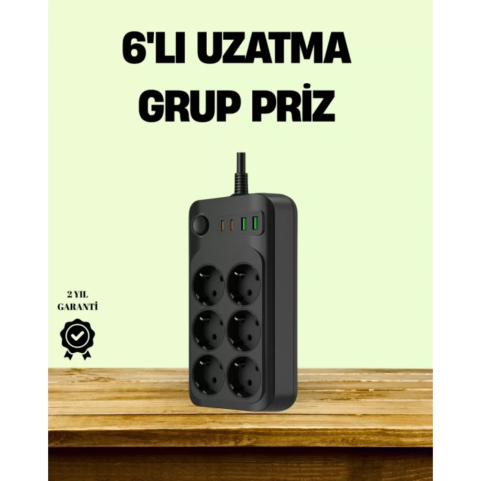 VipMarketim 2500W Güçlü 6’lı Priz USB ve Type-C Çıkışlı Termal Korumalı