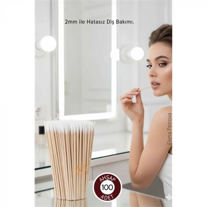 VipMarketim 2mm Ucu Pamuklu Ahşap Micro Swab Diş Bakım Çubuğu - 100 Adet Premium Hijyenik Bakım Çubuğu