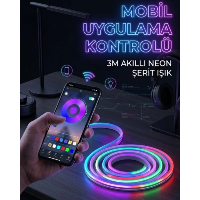 VipMarketim 3 Metre RGB Neon LED Şerit Işık Su Geçirmez Kumandalı ve Uygulama Kontrollü Dekoratif Aydınlatma