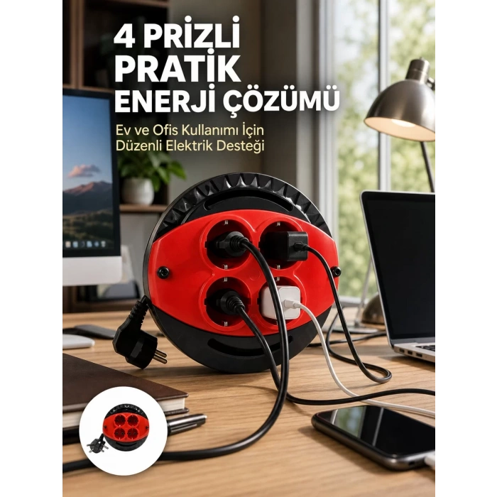 VipMarketim 3 Metre Uzatma Kablolu 4 Prizli Makara Kırmızı