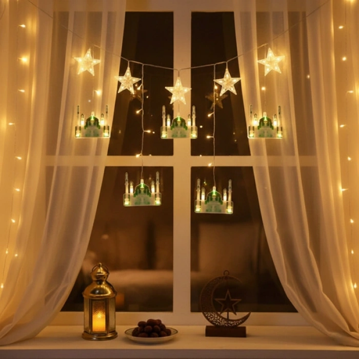VipMarketim 3 mt Fişli Yeşil Cami Yıldız Ramazan Perde LED