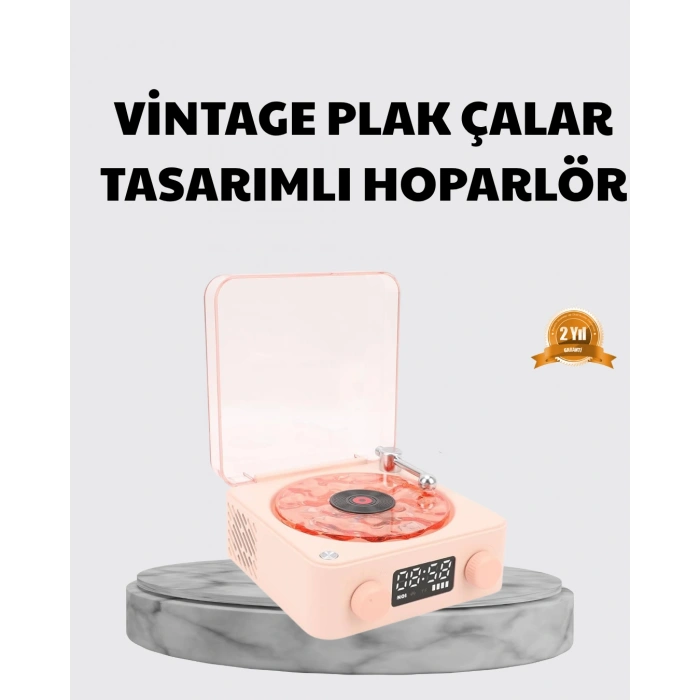 VipMarketim 3-ü-1 Gece Işığı Bluetooth Hoparlör ve Dijital Saat Vintage Plak Çalar Tasarımlı