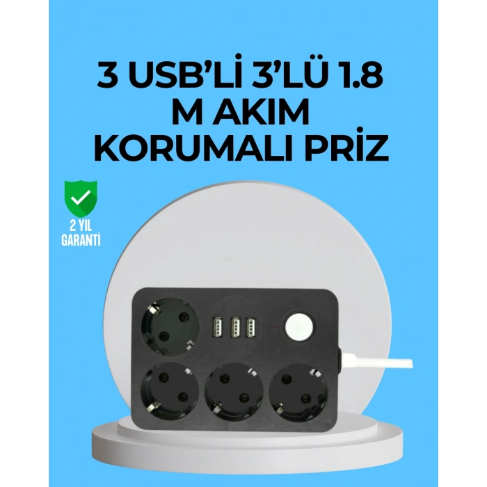 VipMarketim 3 USB Çıkışlı 4’lü Akıllı Priz 2500W 2 Metre Kablo