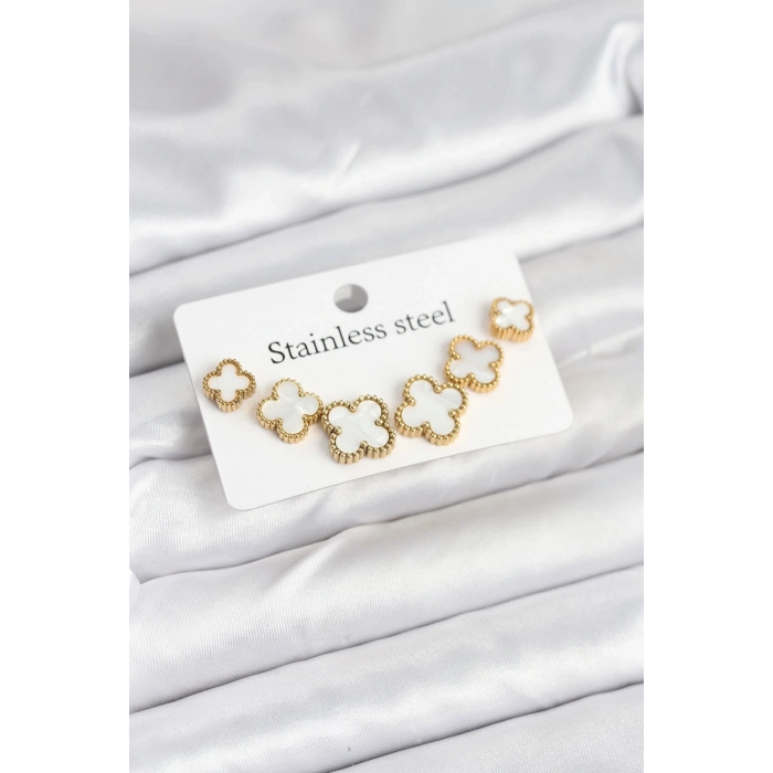VipMarketim 316L Çelik Gold Beyaz Renk 3 Boy Yonca Küpe Seti 5886