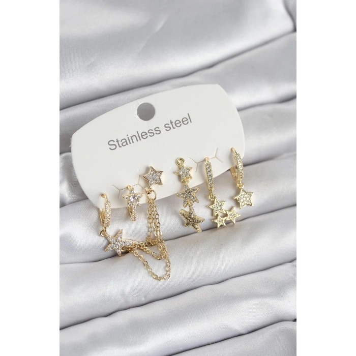 VipMarketim 316L Çelik Gold Renk 6lı Set Zincirli Yıldız Modelli Kadın Küpe 5886