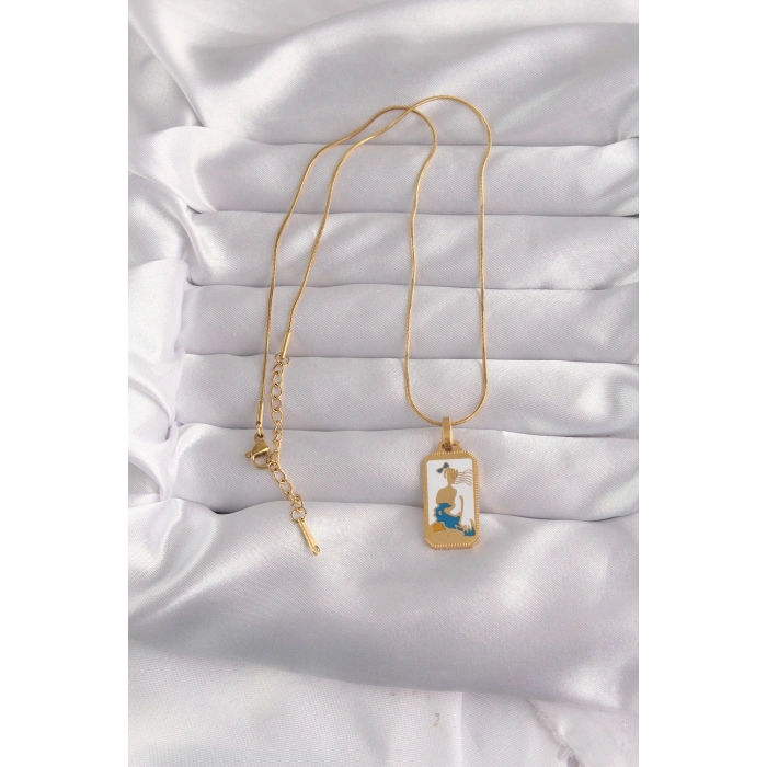 VipMarketim 316L Çelik Gold Renk Beyaz Mineli Kız Figür Tarot Kolye 5886