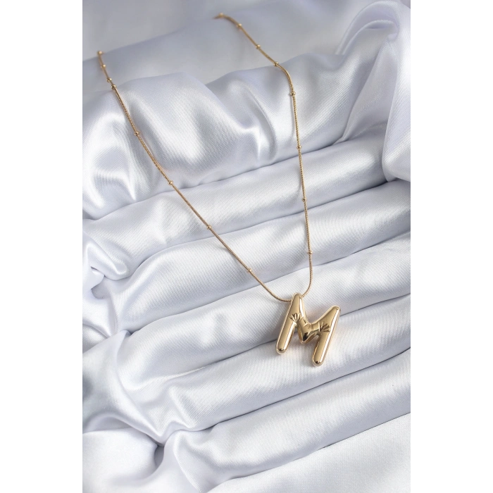 VipMarketim 316L Çelik Gold Renk Bubble M Harf Model Kadın Kolye 5886