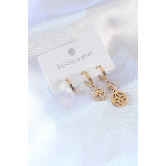 VipMarketim 316L Çelik Gold Renk Çiçek Model Zirkon Taşlı Kadın Küpe 5886