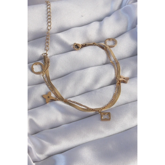 VipMarketim 316L Çelik Gold Renk Çift Zincir Yonca Tasarım Bileklik 5886