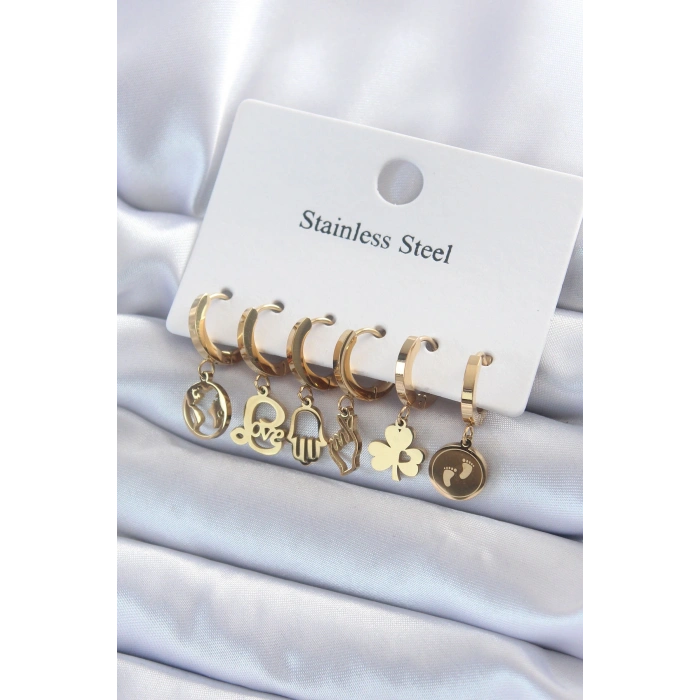 VipMarketim 316L Çelik Gold Renk Çoklu Figür Model Kadın Küpe Seti 5886
