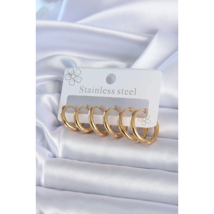 VipMarketim 316L Çelik Gold Renk Halka Model Kadın Küpe Seti 5886