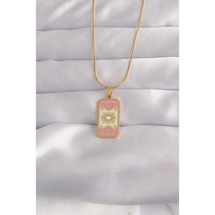 VipMarketim 316L Çelik Gold Renk Karışık Mineli Ay Figür Tarot Kolye 5886