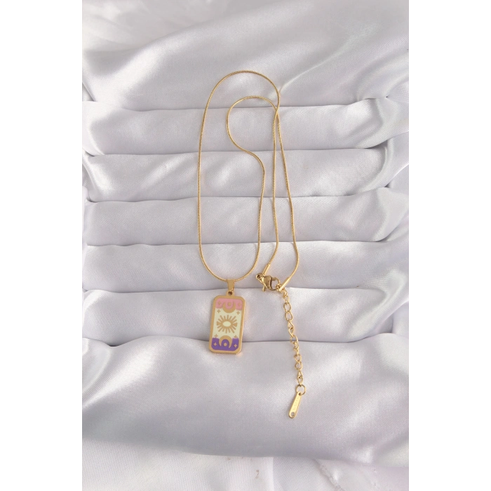 VipMarketim 316L Çelik Gold Renk Karışık Mineli Ay Figür Tarot Kolye 5886