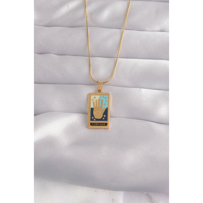 VipMarketim 316L Çelik Gold Renk Karışık Mineli El Figür Tarot Kolye 5886