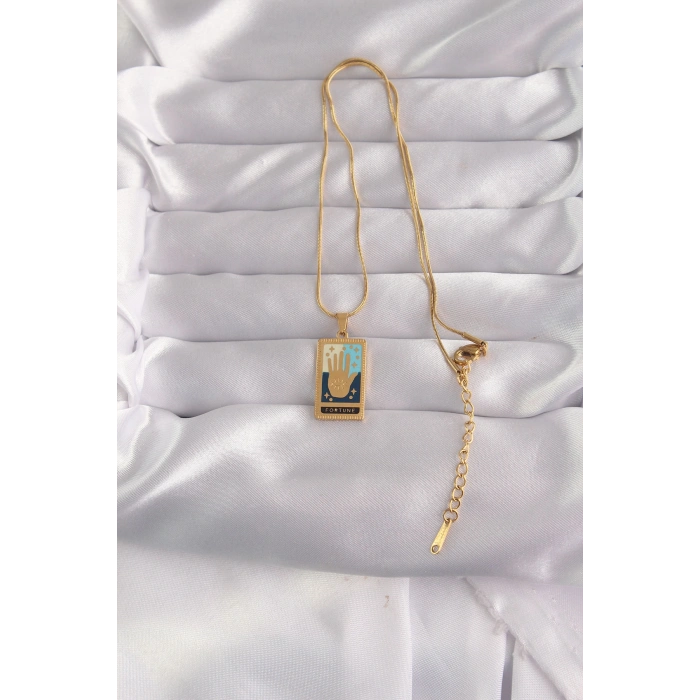 VipMarketim 316L Çelik Gold Renk Karışık Mineli El Figür Tarot Kolye 5886