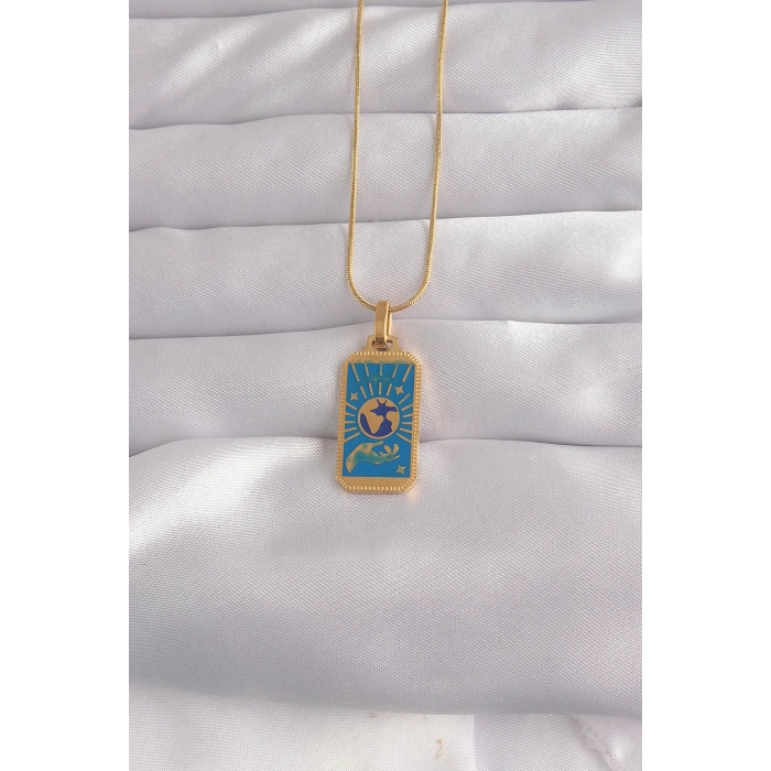 VipMarketim 316L Çelik Gold Renk Mavi Mineli El Figür Tarot Kolye 5886
