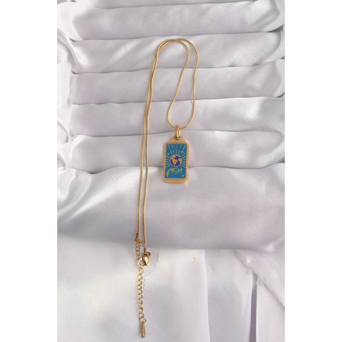VipMarketim 316L Çelik Gold Renk Mavi Mineli El Figür Tarot Kolye 5886