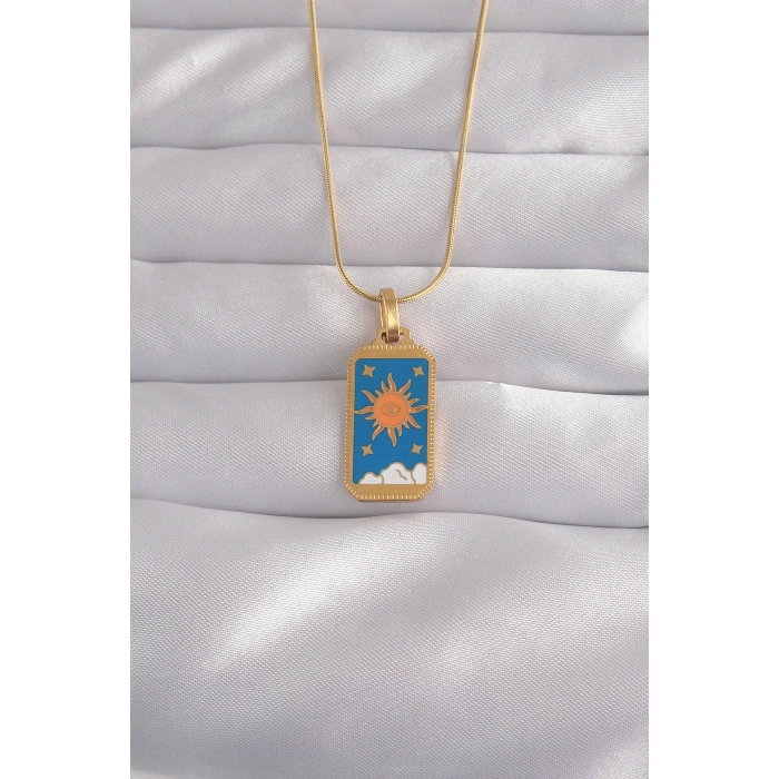 VipMarketim 316L Çelik Gold Renk Mavi Mineli Güneş Model Tarot Kolye 5886