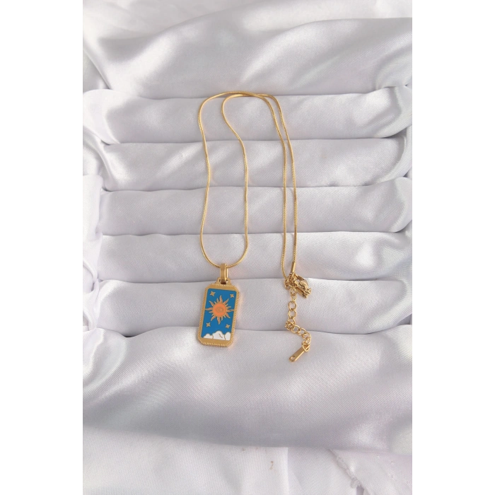 VipMarketim 316L Çelik Gold Renk Mavi Mineli Güneş Model Tarot Kolye 5886