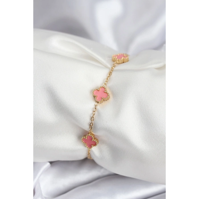 VipMarketim 316L Çelik Gold Renk Pembe Baby Boy Yonca Kadın Bileklik 5886