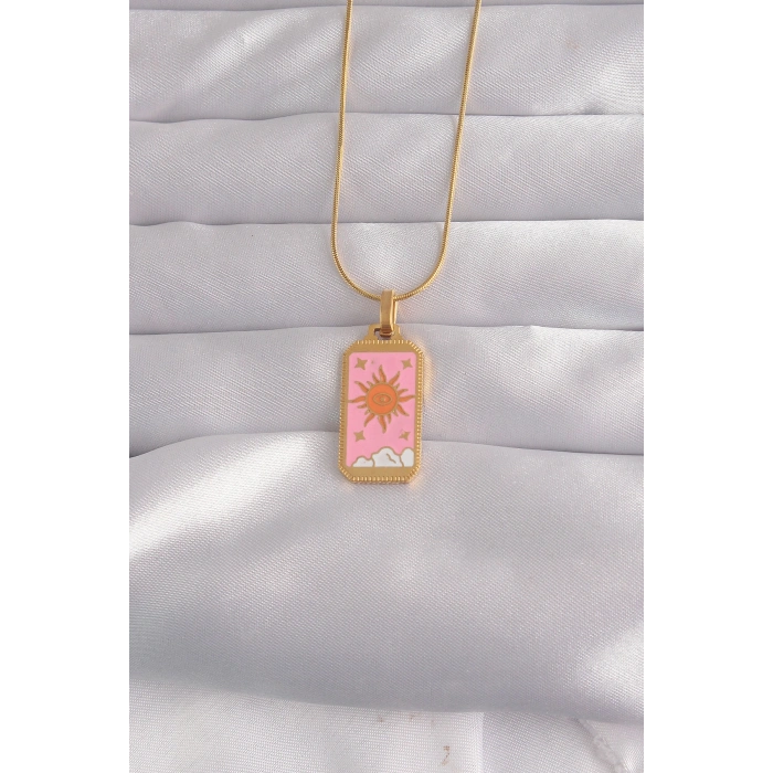 VipMarketim 316L Çelik Gold Renk Pembe Mineli Güneş Model Tarot Kolye 5886