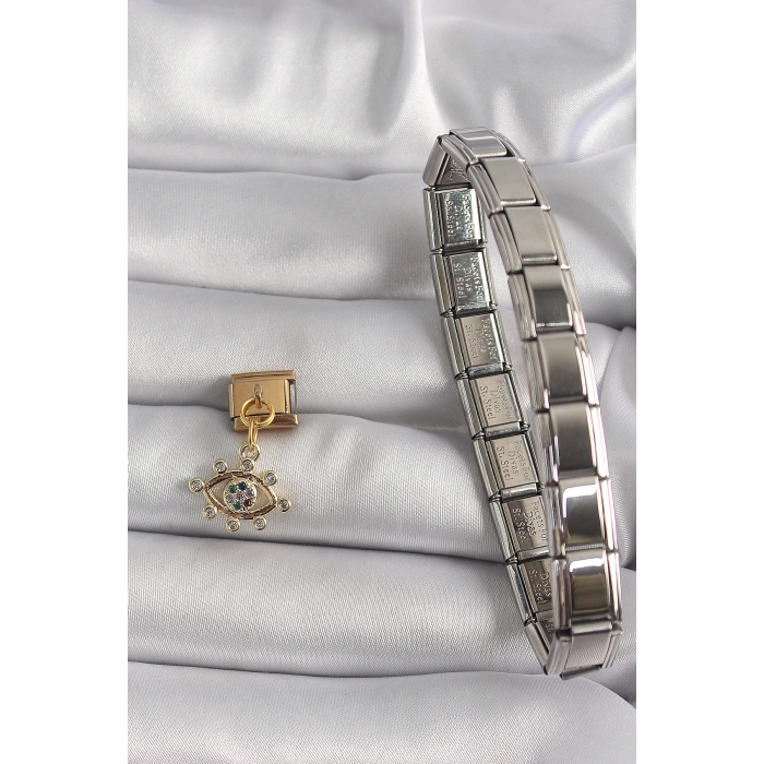 VipMarketim 316L Çelik Gold Renk Sallantı Zirkon Taşlı Göz Model Nomination Charm 5886
