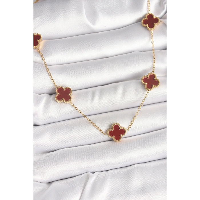 VipMarketim 316L Çelik Gold Renk Zincir Bordo Yonca Model Kadın Kolye 5886