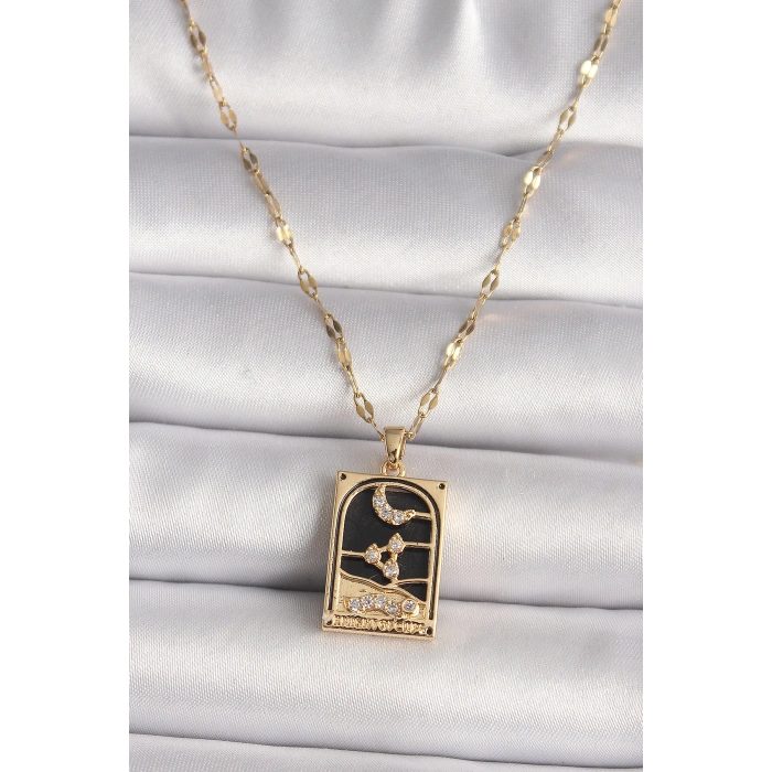 VipMarketim 316L Çelik Gold Renk Zirkon Taşlı Ay Figürlü Tarot Model Kadın Kolye 5886