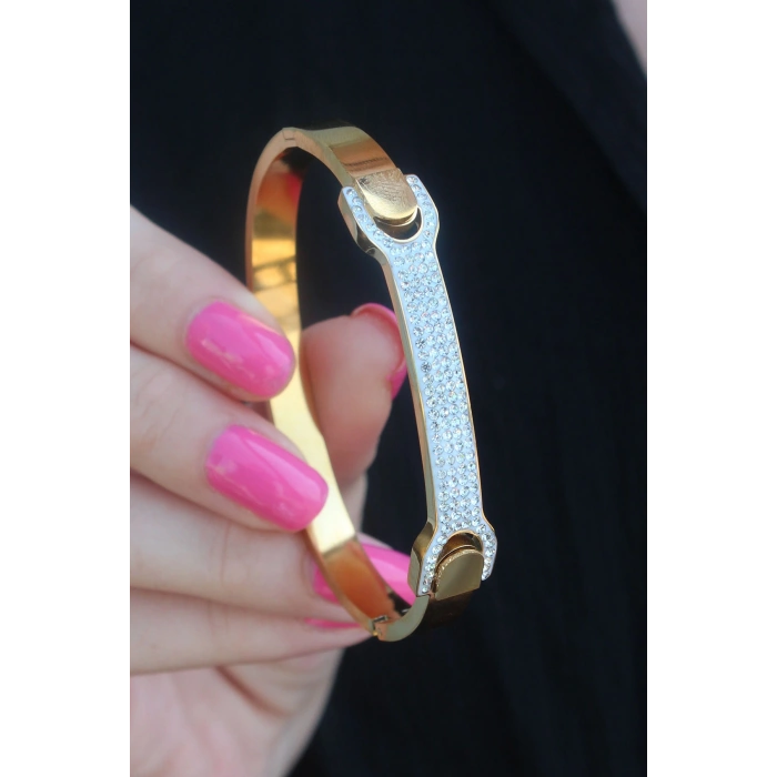 VipMarketim 316L Çelik Gold Renk Zirkon Taşlı Kadın Kelepçe 5886