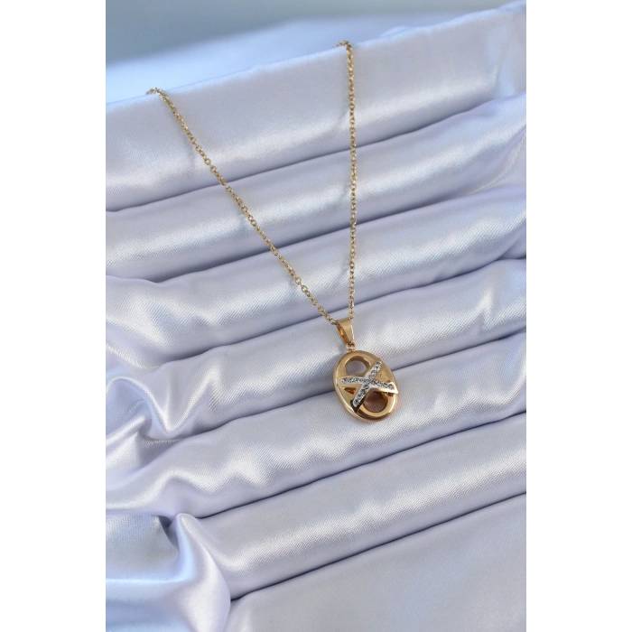 VipMarketim 316L Çelik Gold Renk Zirkon Taşlı Kadın Kolye 5886