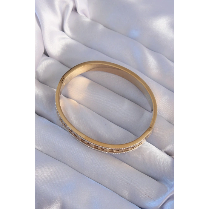 VipMarketim 316L Çelik Gold Renk Zirkon Taşlı Model Kelepçe 5886