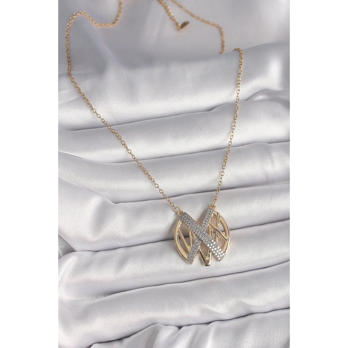 VipMarketim 316L Çelik Gold Renk Zirkon Taşlı Vintage Model Kadın Kolye 5886
