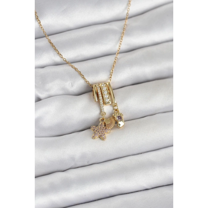 VipMarketim 316L Çelik Gold Zirkon Taşlı Deniz Tema Charmlı Kadın Kolye 5886