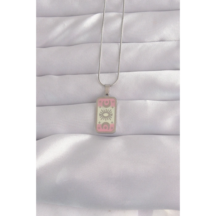 VipMarketim 316L Çelik Gümüş Renk Pembe Mineli Ay Figür Tarot Kolye 5886