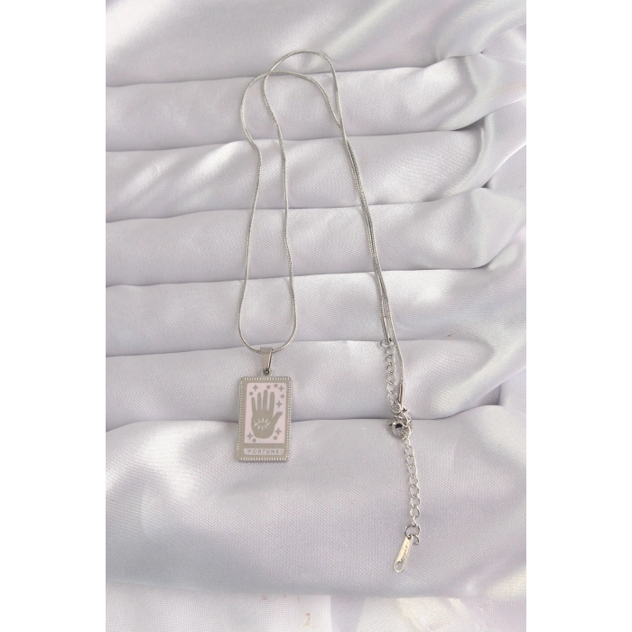 VipMarketim 316L Çelik Gümüş Renk Pembe Mineli El Figür Tarot Kolye 5886