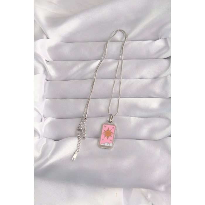 VipMarketim 316L Çelik Gümüş Renk Pembe Mineli Güneş Model Tarot Kolye 5886