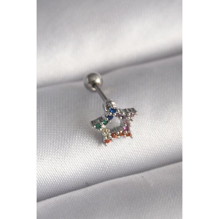 VipMarketim 316L Çelik Gümüş Renk Renkli Zirkon Taşlı Yıldız Model Tragus Piercing 5886