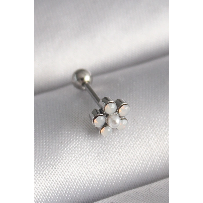 VipMarketim 316L Çelik Gümüş Renk Zirkon Taşlı Çiçek Model Tragus Piercing 5886