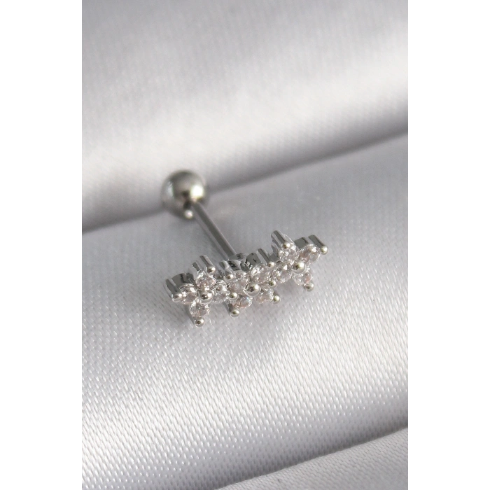 VipMarketim 316L Çelik Gümüş Renk Zirkon Taşlı Yonca Tragus Piercing 5886