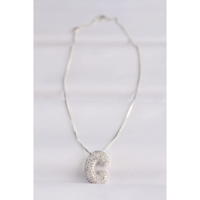 VipMarketim 316L Çelik Zincirli Zirkon Taşlı C Harfli Silver Renk Bubble Kolye 5886