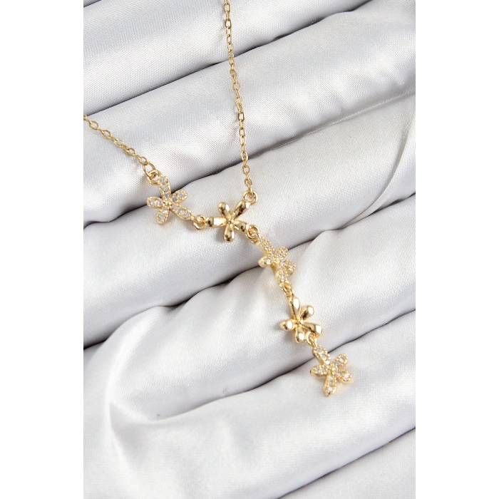 VipMarketim 316L Çelik Zirkon Taşlı Çiçek Model Gold Renk Kadın Kolye 5886