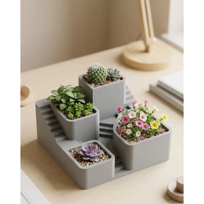 VipMarketim 3D Baskı Sukulent ve Kaktüs Saksı Seti Çok Katlı Tasarım Şık Ev Ofis Dekoru